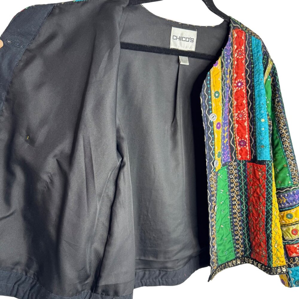 Chicos Multicolor Patchwork Embroidered Jacket 100% Cotton Boho Artsy Sz 3 XL/16 - Picture 6 of 9